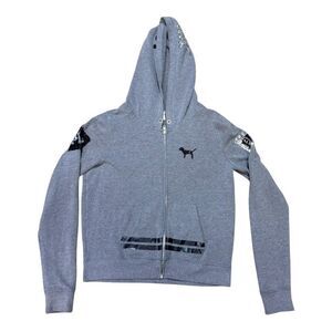 Rare Victorias Secret Love Pink Sequin Bling Full Zip Up Hoodie Y2K Retro Medium